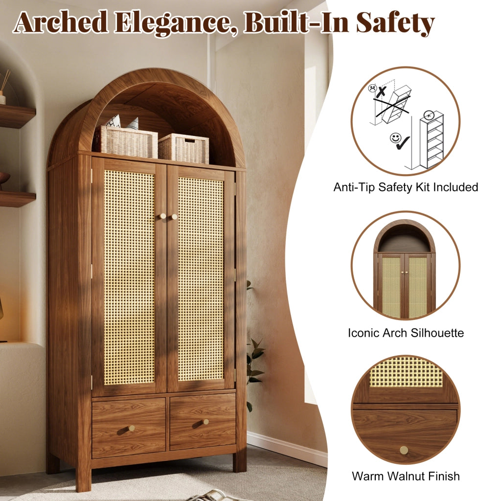 Armadio con 2 ante, 2 cassetti, vano aperto e asta, stile country, per camera da letto, noce, 181 × 78 × 45 cm