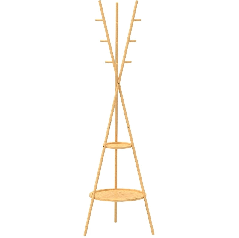Appendiabiti da terra 58,5x58,5x176 cm naturale, 9 ganci e 2 ripiani, bambù e MDF