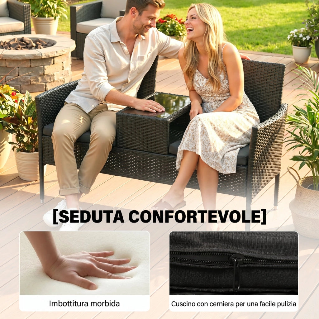 Divanetto 2 Posti per Esterni con Tavolino ¨C zephmum ¨C Acciaio e Rattan, Nero, 137x59x82 cm