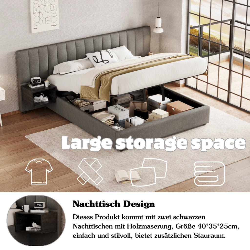 OKWISH Letto contenitore 160×200 cm, Letto Matrimoniale con Sollevamento Idraulico, 2 Comodini e Doghe in Legno, senza Materasso, Lino Grigio Nero