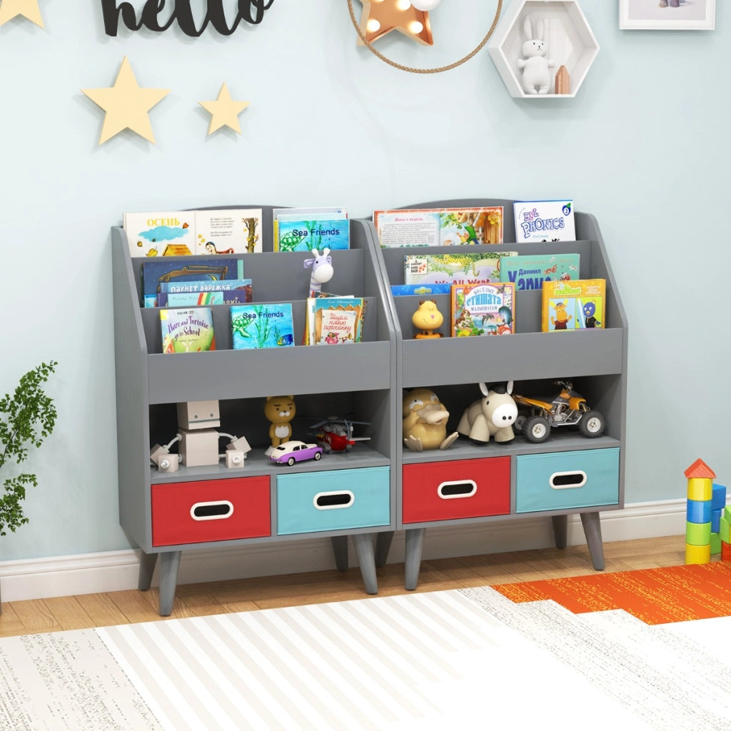 Libreria per bambini con libreria a 3 ripiani scomparto aperto e 2 cassetti in tessuto pieghevoli, Scaffale in legno Grigio