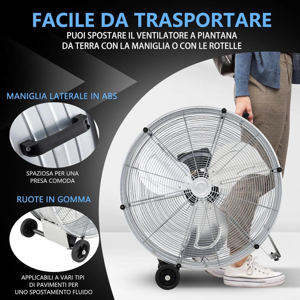 Ventilatore da Terra Industriale a 3 Velocità con Pale in Alluminio, Ventilatore a Piantana Potente ad Alta Velocità su Ruote in Gomma, 180W Max, 65x37x67 cm (Argento)