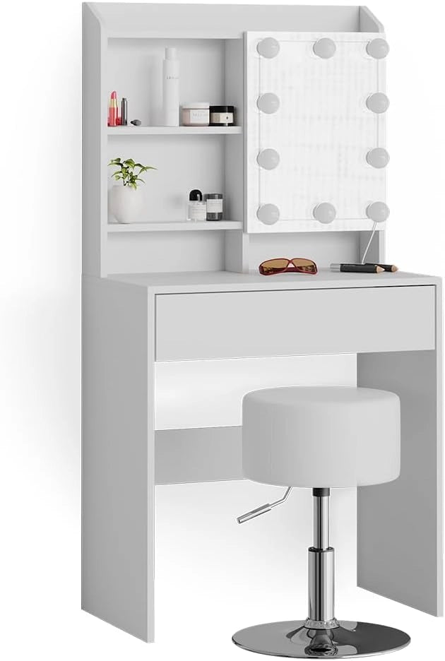 Tavolo da toeletta Laura, Bianco, 70 cm con illuminazione LED e sgabello, Luce integrata – non è necessaria una lampada da tavolo aggiuntiva