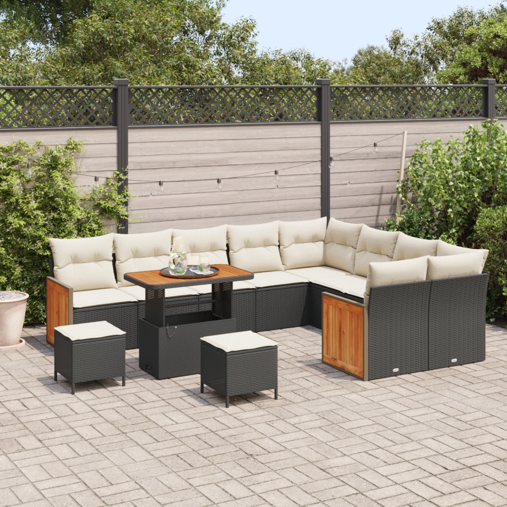 Set di 12 Pezzi Divano da Giardino con Cuscini Nero Polyrattan Acacia