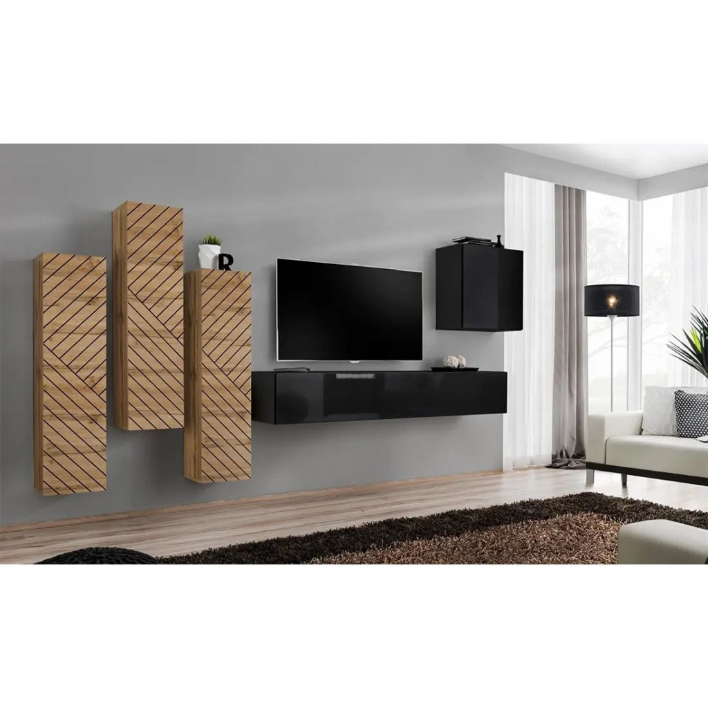 Set mobile soggiorno SWITCH III - Rovere e Nero - Finiture effetto rovere fresato e lucido - Design moderno