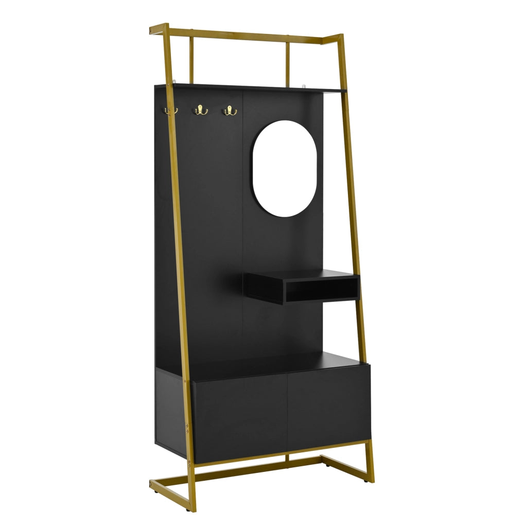 Guardaroba compatto moderno con specchio e ganci in metallo; 78 x 38;5 x 180;5 cm; nero