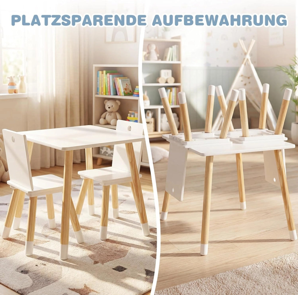 Set Tavolo e 2 Sedie per Bambini, con Gambe in Legno di Pino, Set Tavolo Attività, Mobili di Legno per Giocare Imparare Mangiare, Bianco