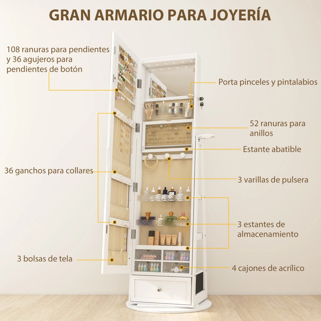 Armadio Joyero con Luci LED e Specchio Giratorio ¨C zephmum ¨C Bianco 90x51x200