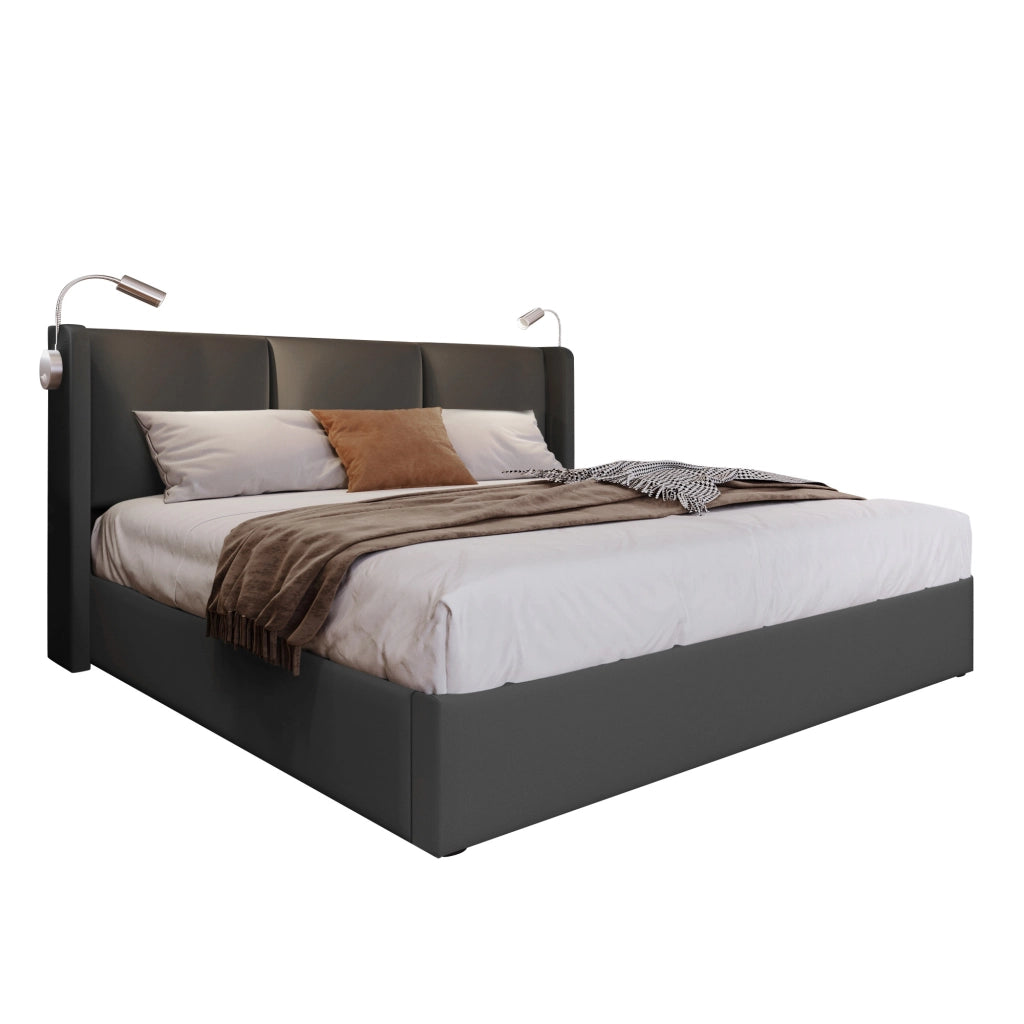 Letto matrimoniale 180x200 cm in PU grigio con contenitore, luce da lettura e 2 porte USB