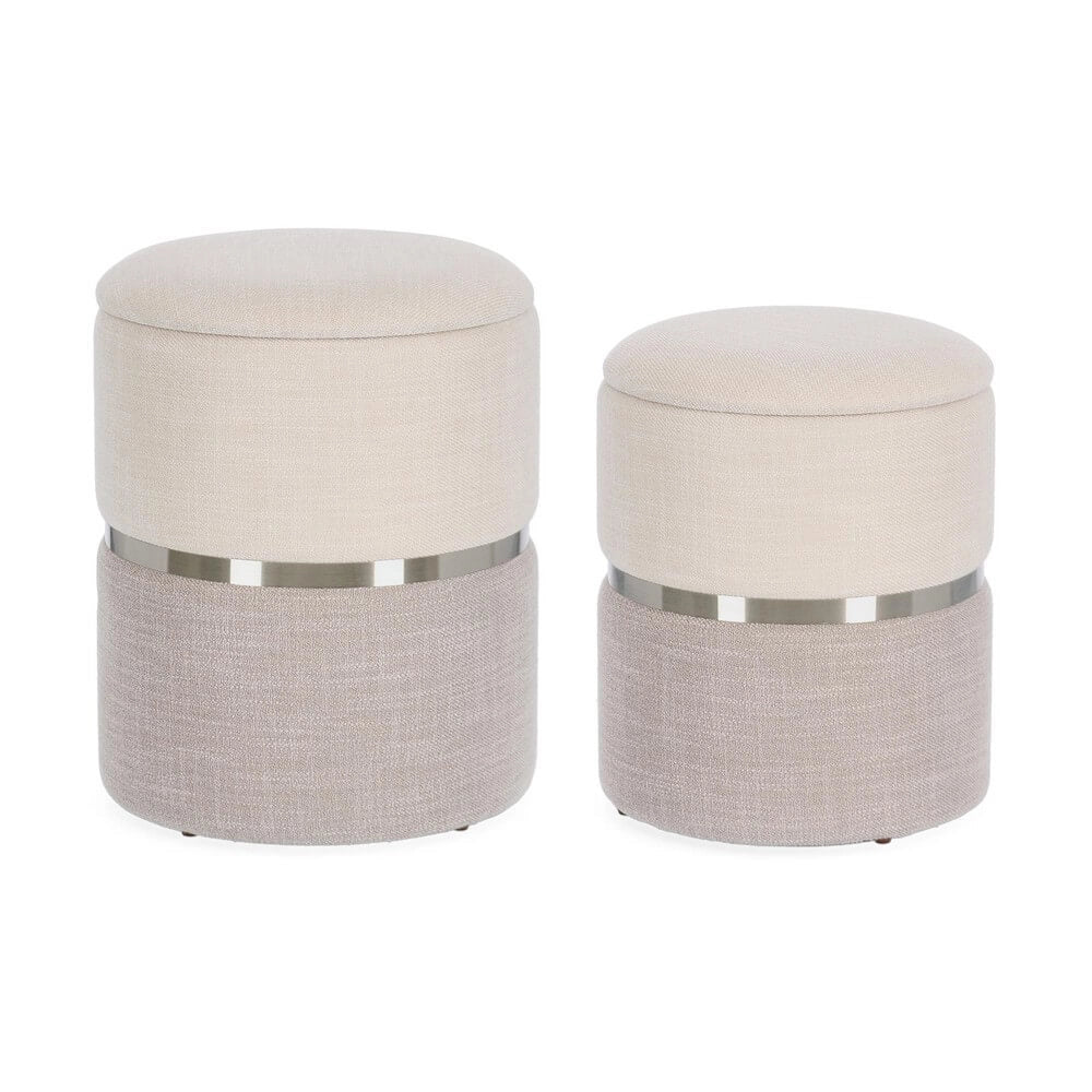 Set 2 Pouf Contenitore Rotondi in Tessuto con Anello Dorato - WHITE