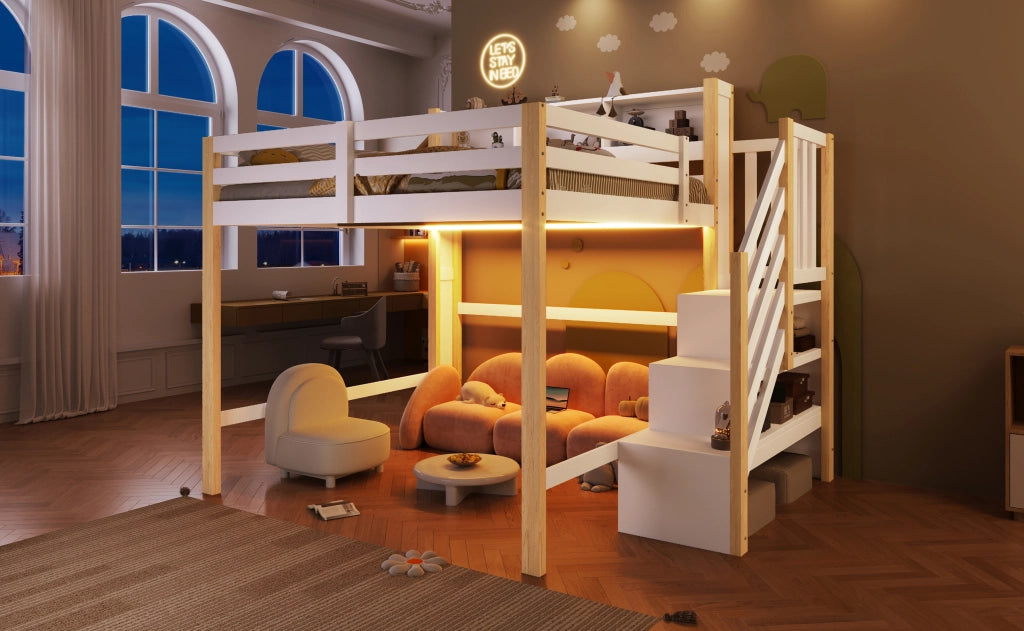 LETTO a soppalco 140x200 cm con LED, scala contenitore, bianco e naturale