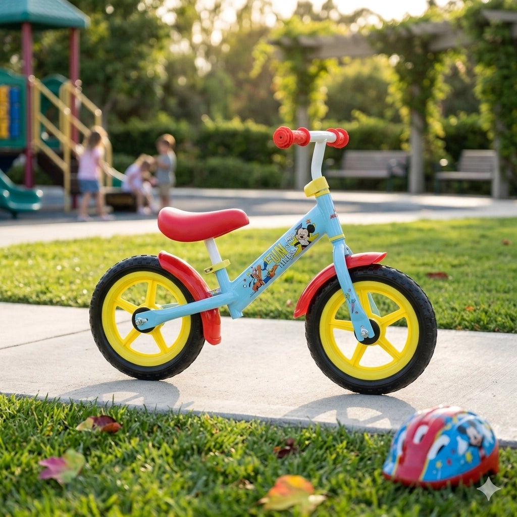 Balance Bike Bicicletta Senza Pedali per Bambini 12" Licenza Disney Mickey Azzurro e Rosso