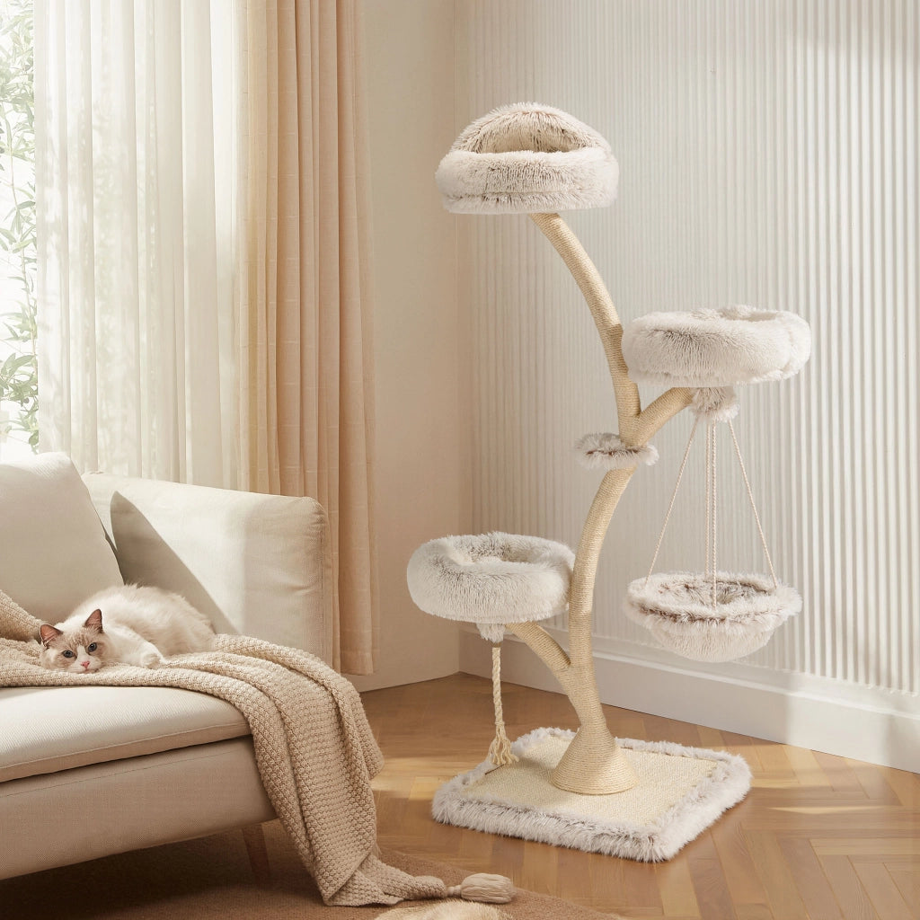 Fudajo Albero tiragraffi per gatti di design con 2 cucce, 1 nicchia, 1 amaca, Ø 59 cm, altezza 169 cm, portata max. 15 kg, beige con sisal e peluche, colonna e piattaforme