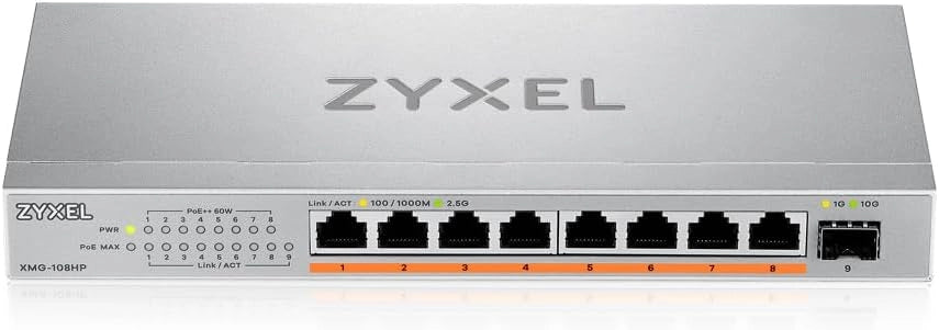 Switch PoE 8 Porte | Unmanaged Multi-Gigabit Switch Ethernet 2.5G | 8x PoE++ Budget 100W + 1x 10Gb SFP+ | Montaggio su Desktop o a Parete [XMG-108HP]