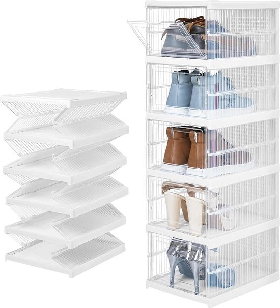 Sistema di conservazione delle scarpe 5 livelli pieghevole - Raccoglitore di scarpe spaziale pieghevole con porte - Porta trasparente - Contenitori per scarpe per es. stivali e sneakers - Assemblaggio facile sovrapponibile