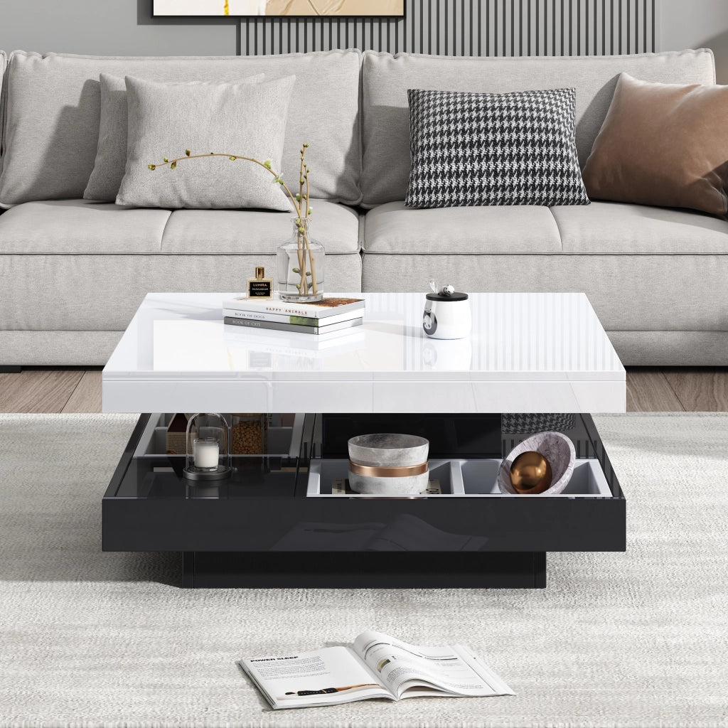 Tavolino da caffè con piano girevole - per soggiorno - 70×70×36 cm - bianco e nero