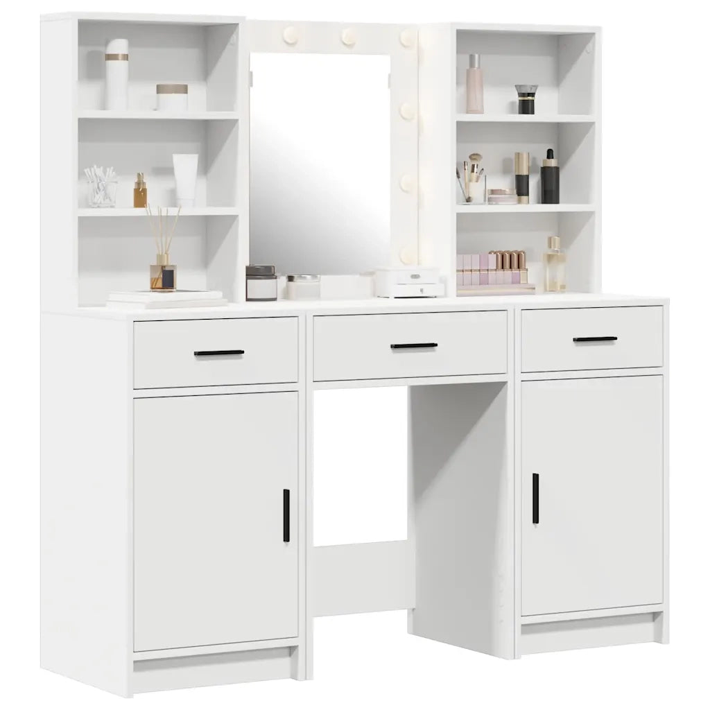 Set da Toeletta | Tavolo da Trucco con LED 3 pz Bianco Legno multistrato