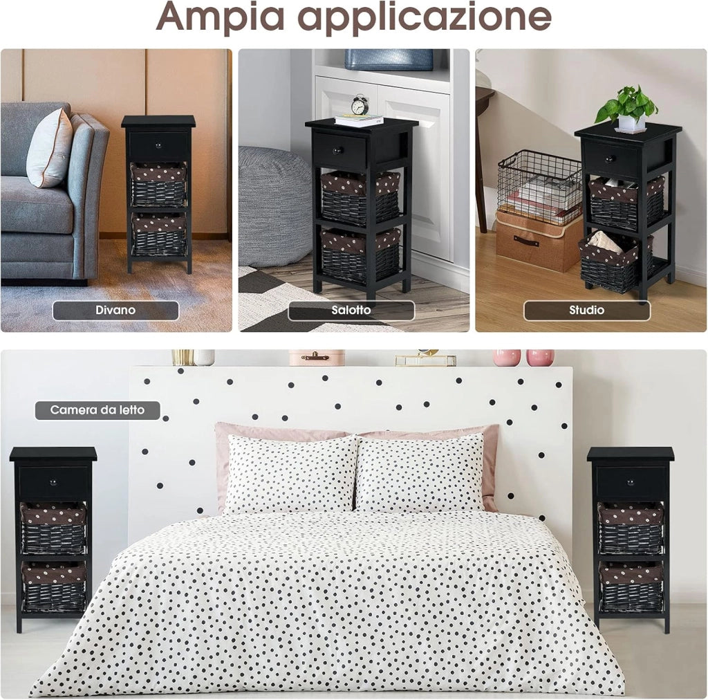 Comodino Camera da Letto in Legno, Tavolino per Divano, Comò Moderno, Ideale per Camera da Letto, 28 x 26 x 60 cm (Nero)