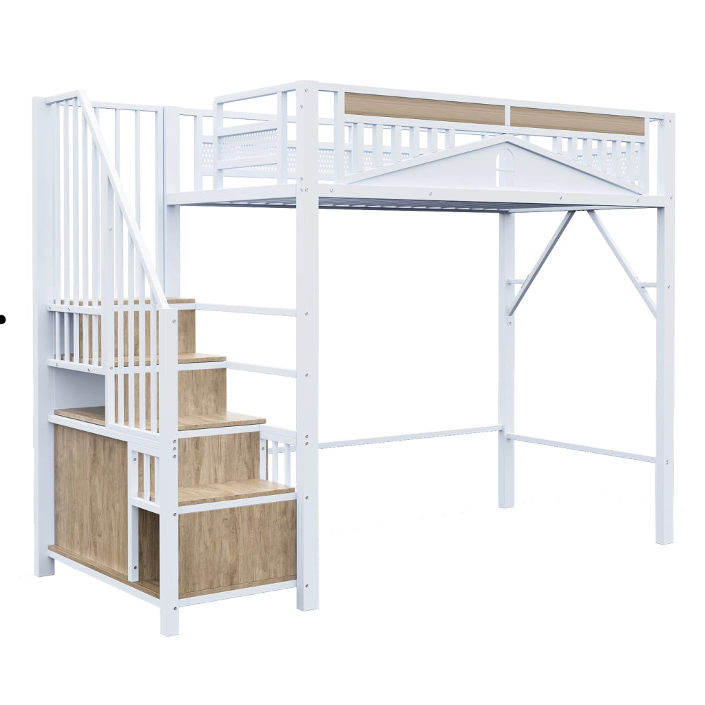 Letto a soppalco in metallo 90 x 200 cm con scala laterale e spazio contenitivo, bianco