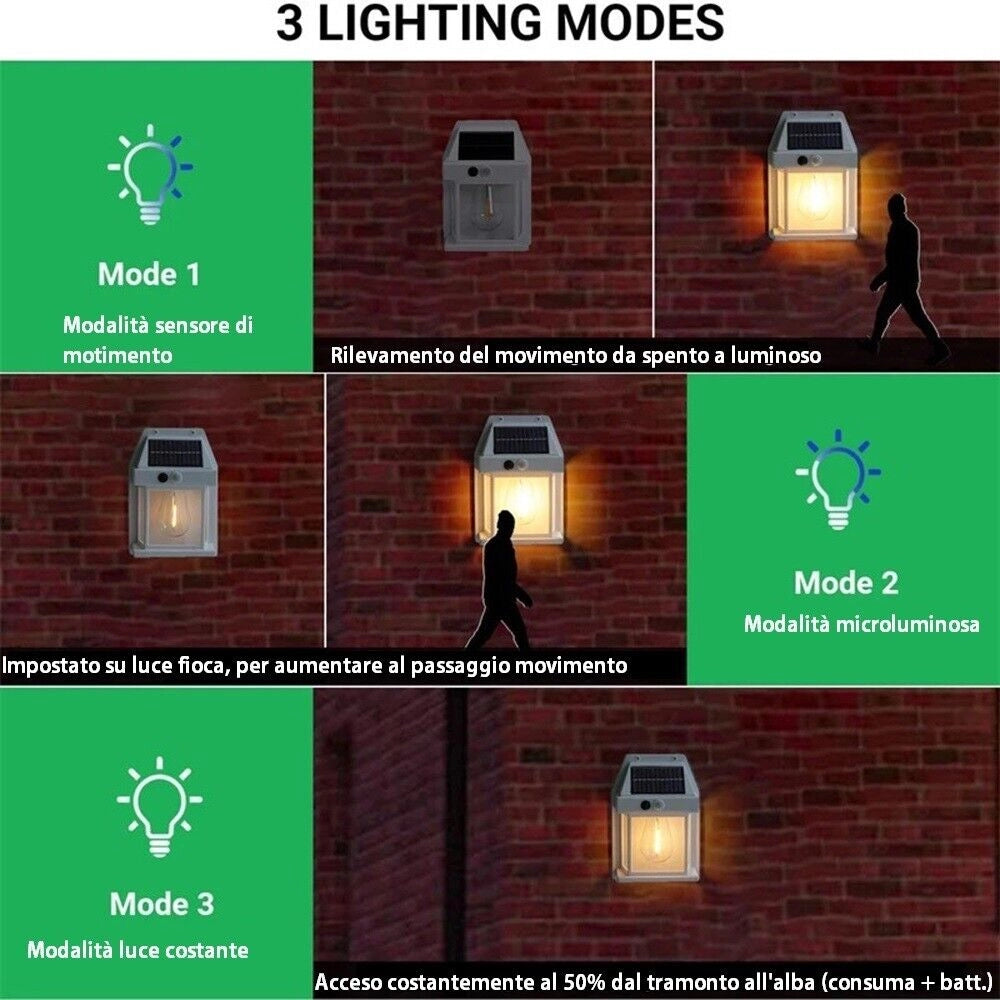 APPLIQUE LAMPADA DA PARETE A RICARICA SOLARE CREPUSCOLARE E SENSORE DI MOVIMENTO LAMPADINA CON LUCE A FILAMENTO
