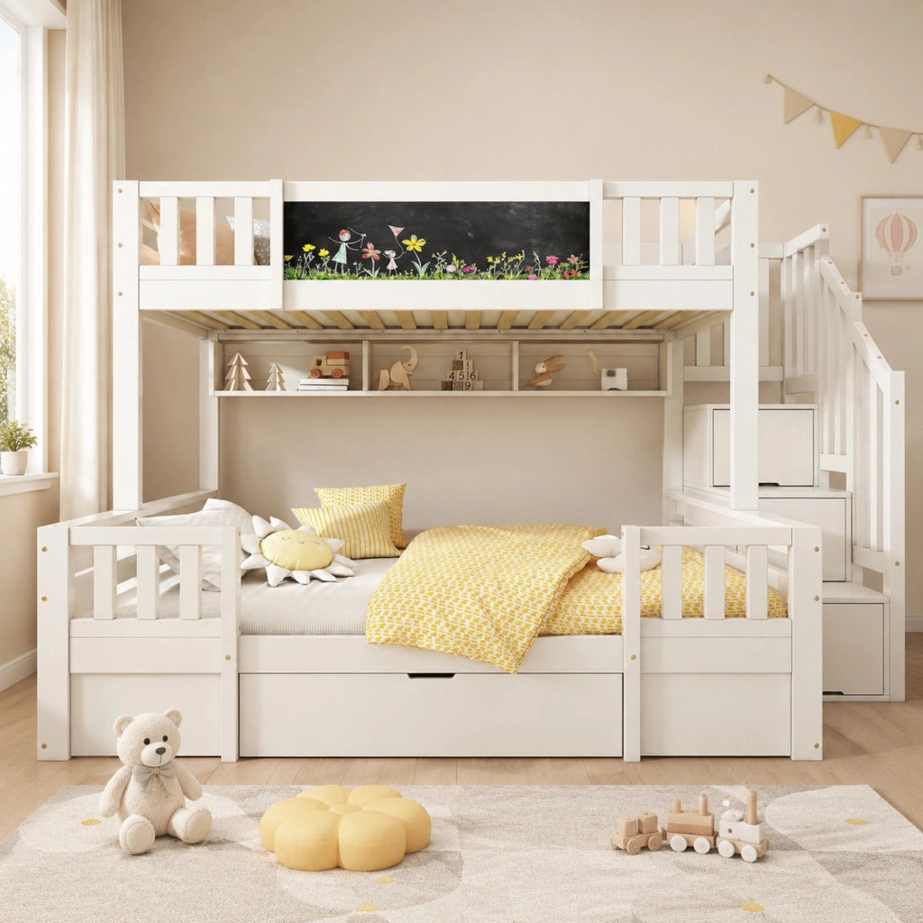 Letto a castello per 3 persone con lavagna; scala contenitore e cassetti; 253x145x150 cm; bianco
