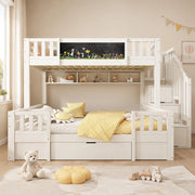 Letto a castello per 3 persone con lavagna; scala contenitore e cassetti; 253x145x150 cm; bianco