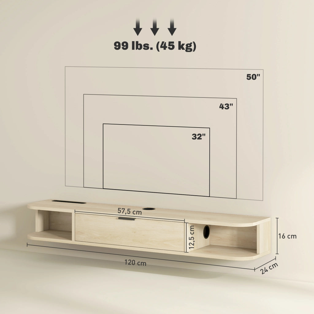 Mobile TV Sospeso con Cassetto e Ripiani Aperti ¨C zephmum ¨C Legno Naturale 120x24x16 cm