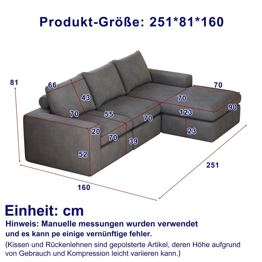 Divano Angolare con Chaise Longue in Tessuto ¨C Xylo ¨C 3 Posti, Grigio