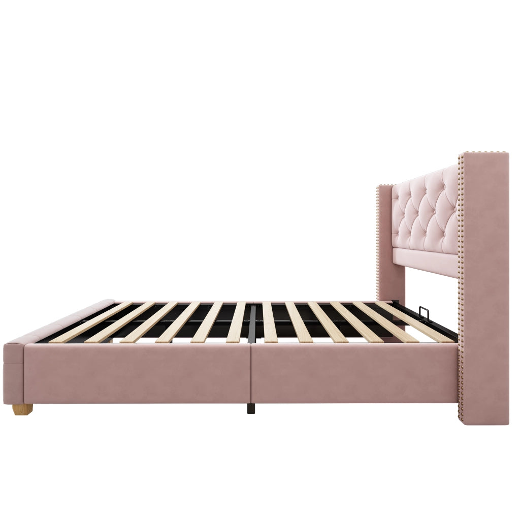 Letto Singolo 90×200 cm; 1 Posto con Testiera Imbottita e Borchie Decorative; senza Materasso; Velluto Rosa