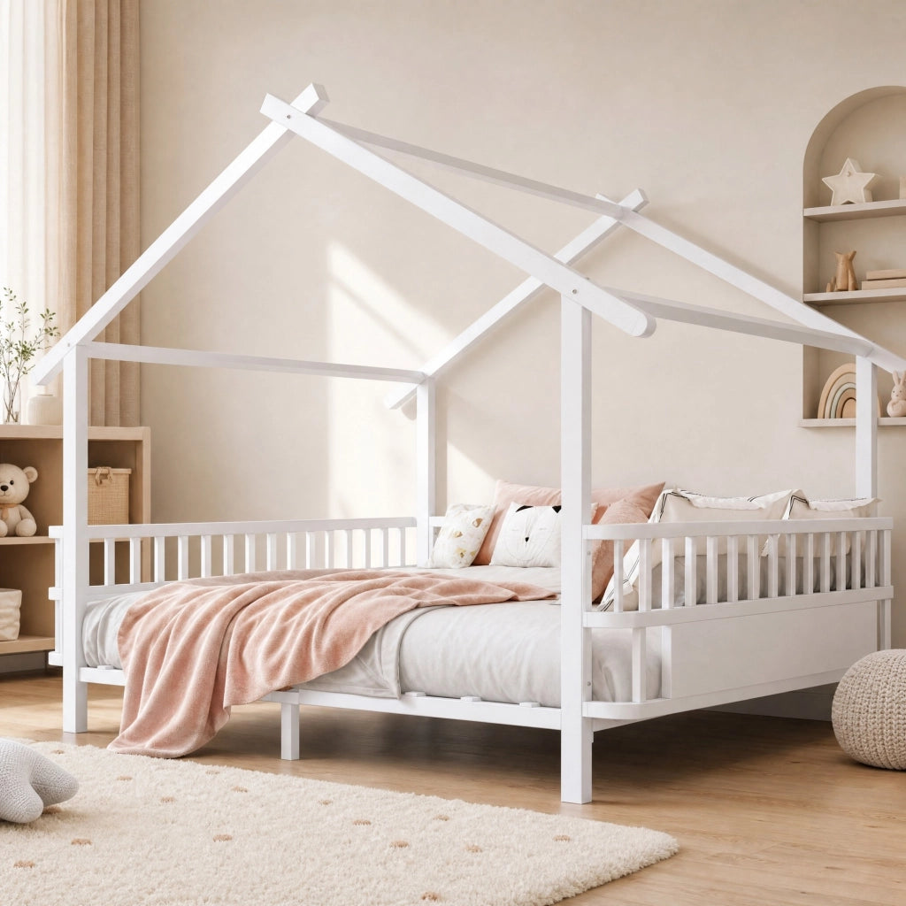 Letto per bambini 140 × 200 cm a forma di casa con barriera di sicurezza, senza materasso, in metallo, bianco