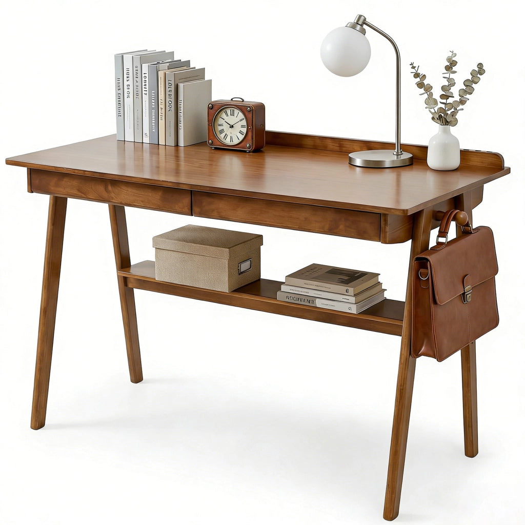 Scrivania in legno massiccio con 2 cassetti, ripiano contenitore e ganci laterali per studio e ufficio 120 × 60 cm
