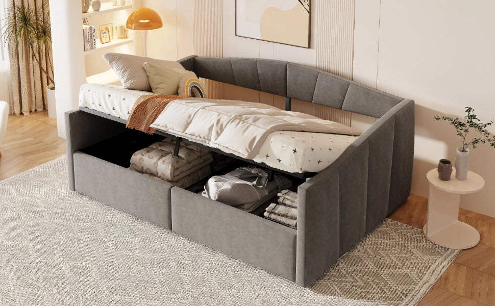 Letto sofà con sistema idraulico imbottito in velluto grigio 140x200 cm