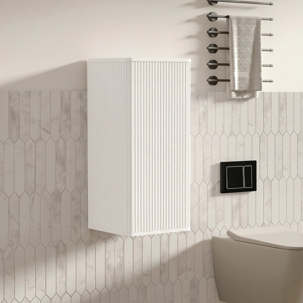 Armadietto da bagno pensile con design a scanalature e apertura a pressione per bagno e soggiorno bianco