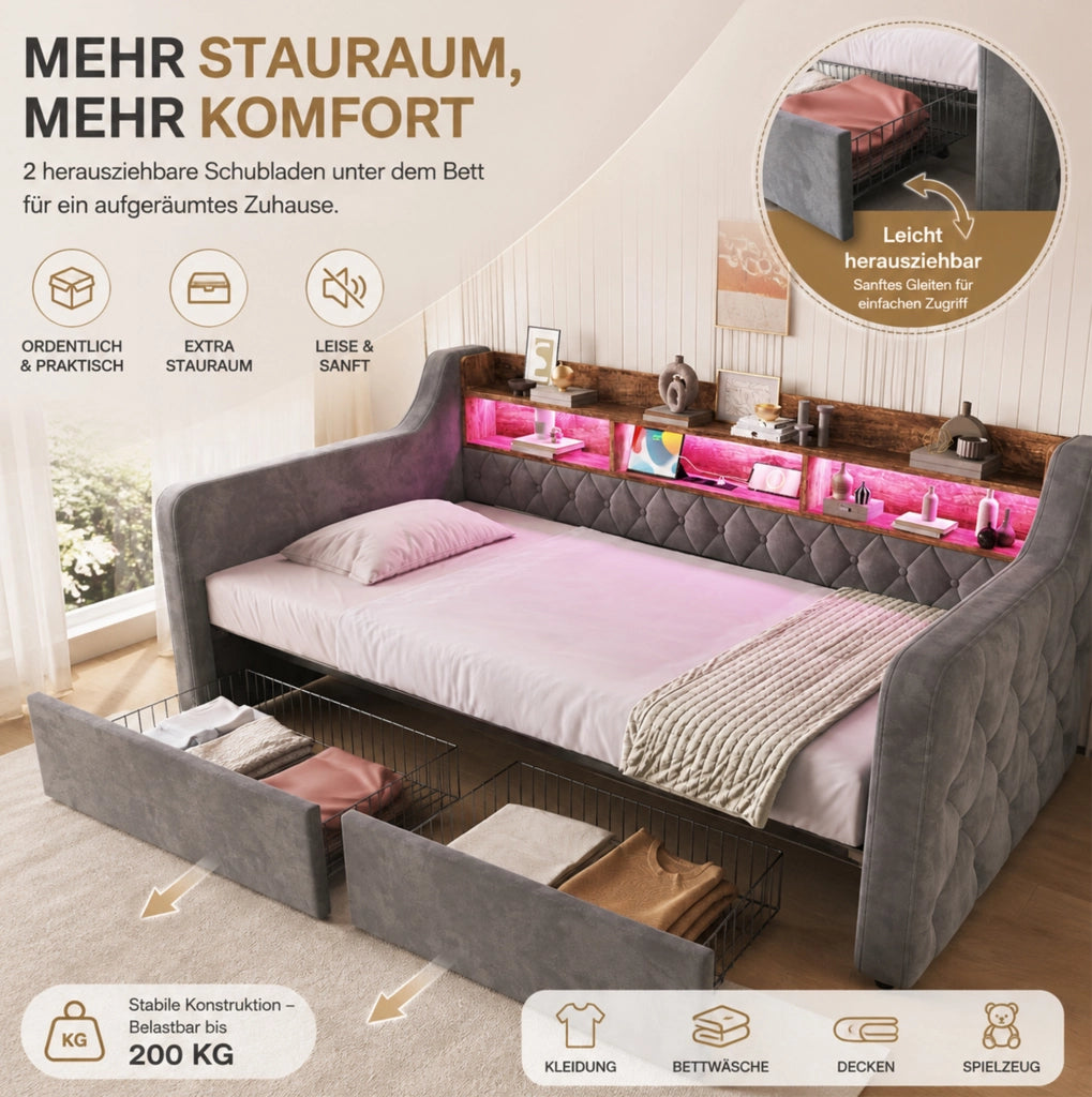 Letto singolo imbottito 90x190 cm con LED, ricarica e 2 cassetti
