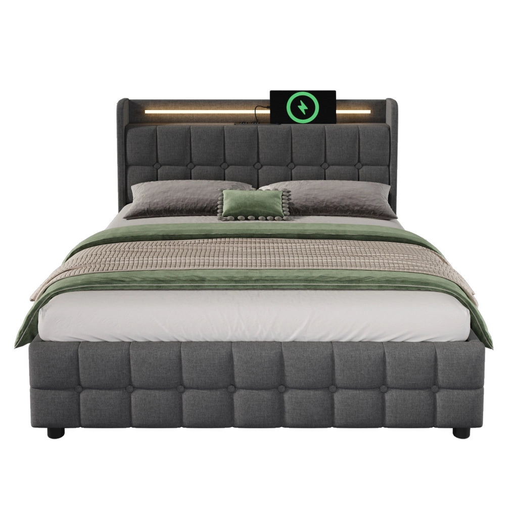 Letto matrimoniale contenitore 180x200 cm con USB; LED e 4 cassetti; grigio