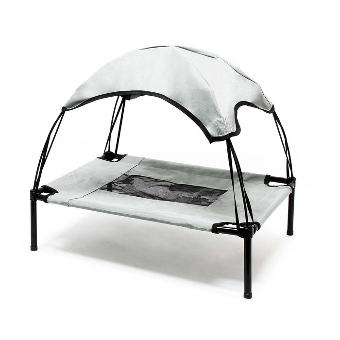 Brandina per cani e gatti con tettoia grigia, cuccia per cani max 50kg, lettino da esterno per animali con tettuccio parasole, 122x91x16cm