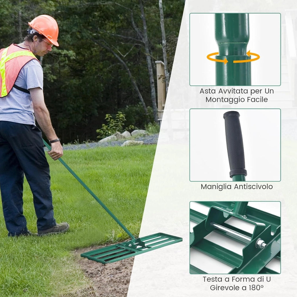 Rastrello Livellatore per Prato, Attrezzo per la Livellatura del Prato con Manico Ergonomico, Livellatrice per Giardino, Cortile, Campo da Golf, Fattoria e Pascolo (Verde 91 x 25 cm)
