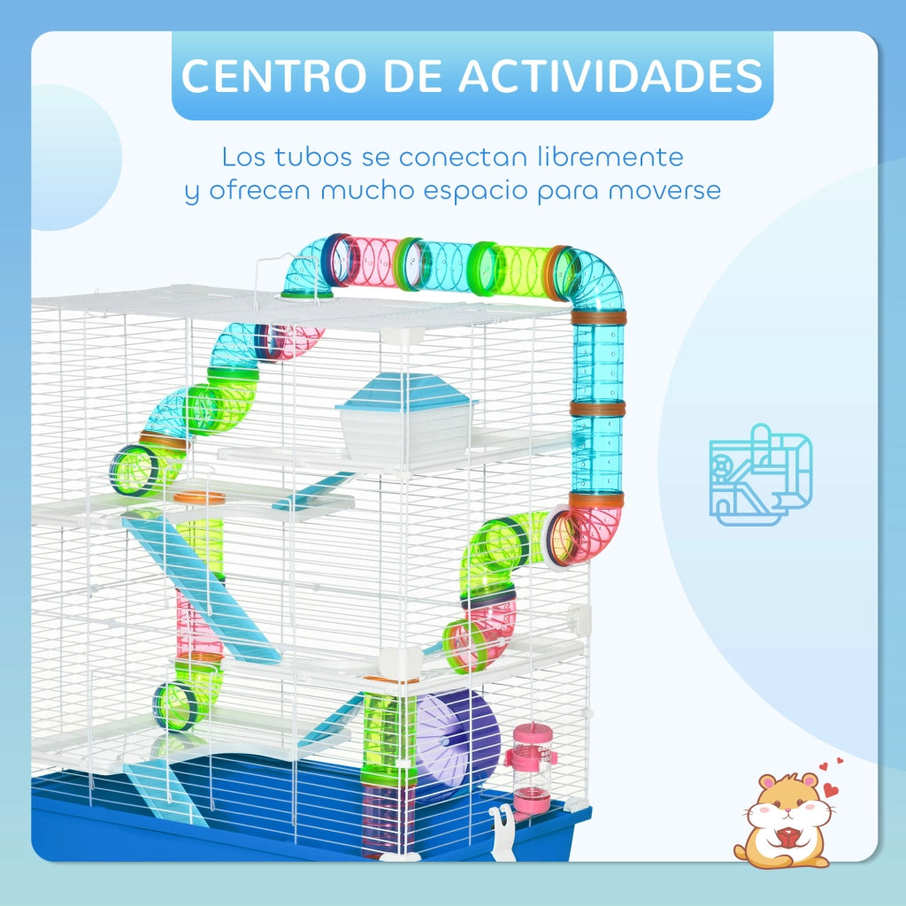 Gabbia per Criceti con Tunnel, Piattaforme, Scivoli e Ruota ¨C Zephmum ¨C 59x36x69 cm Blu
