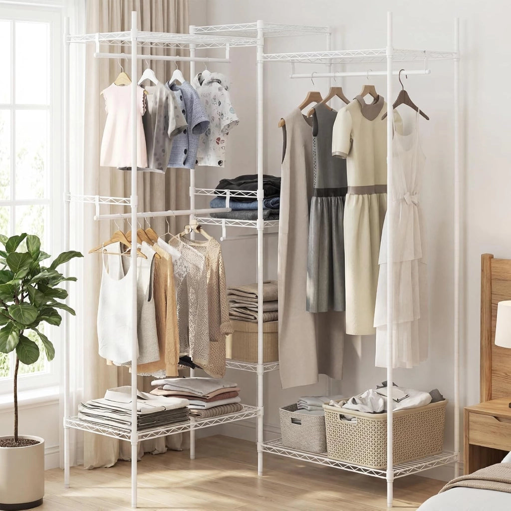 Stand Appendiabiti, Mobile Convertibile per Abiti con Installazione a L e Orizzontale, Appendiabiti con 7 Ripiani Regolabili in Filo Metallico e 4 Bastoni Appendiabiti, Portata 530 kg (Bianco)