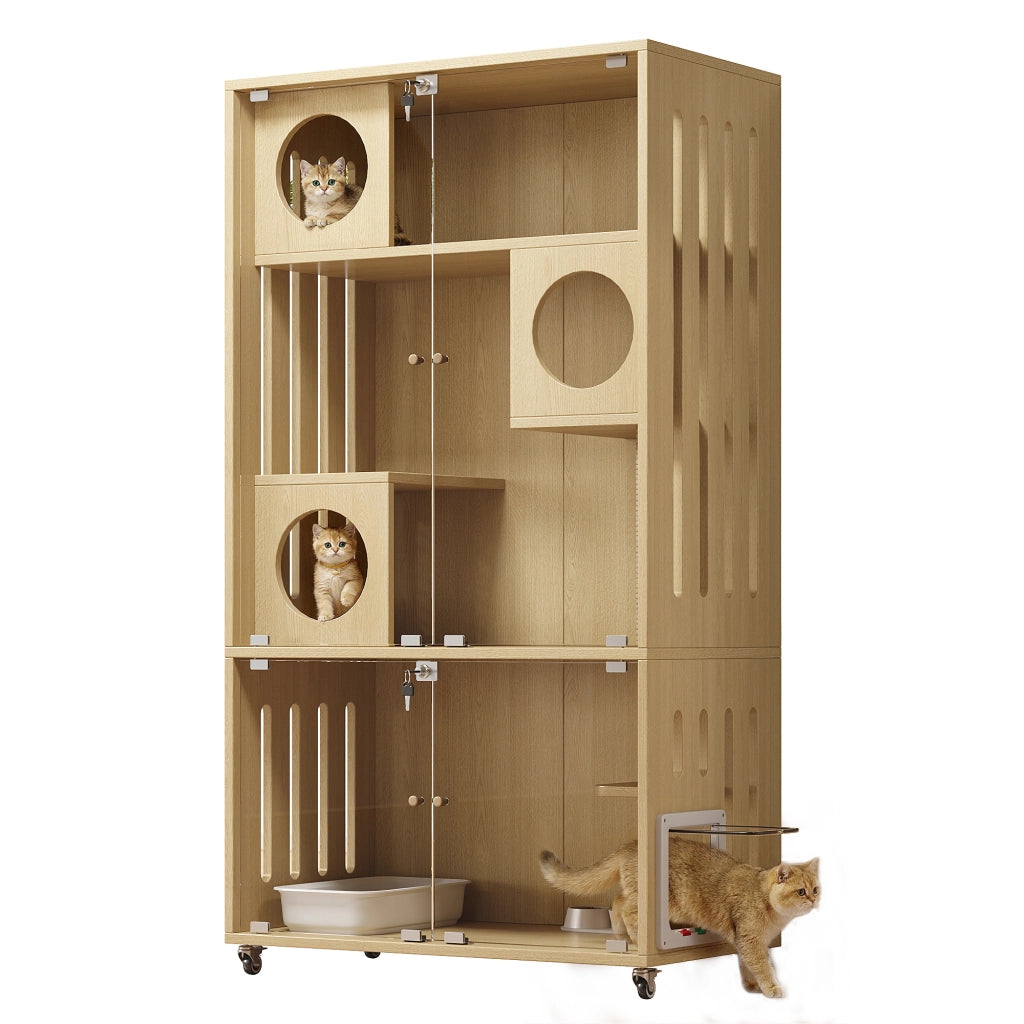Mobile contenitore per gatti con 3 livelli e porta in vetro - 90×50×166 cm - naturale
