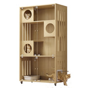 Mobile contenitore per gatti con 3 livelli e porta in vetro - 90×50×166 cm - naturale