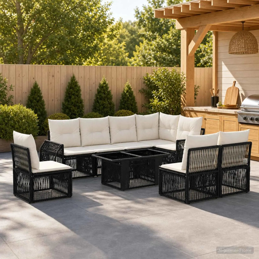 Set Divano da Giardino 9 pz Nero e Bianco Crema polyrattan 3436951