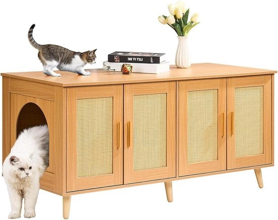 Cassettone per gatti nascosto per 2 gatti - cassettone per gatti 119 x 05 x 055 m con porte di rattan - colore naturale