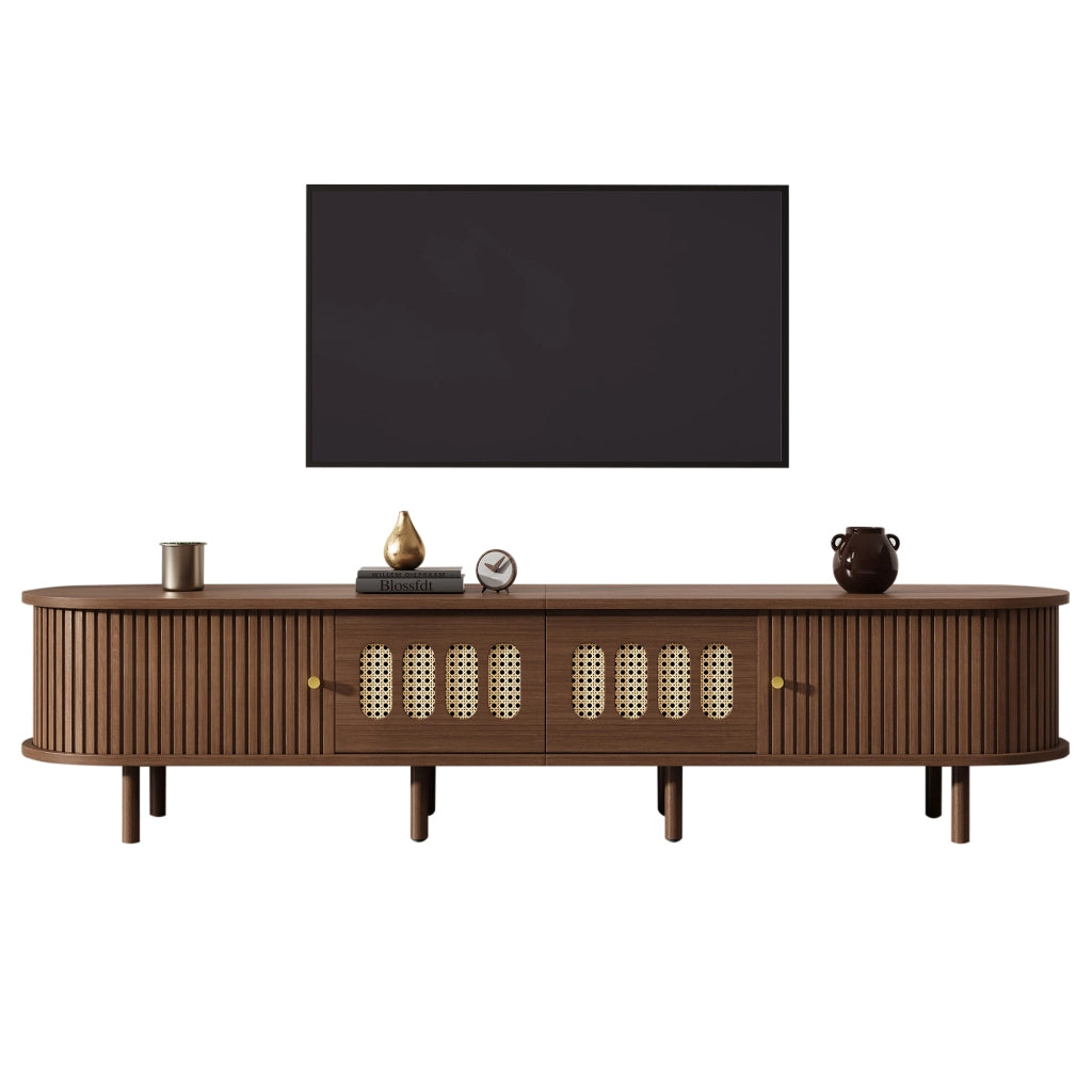 Mobile porta tv 180 cm noce scuro con design rattan; 2 cassetti e 2 ante a serranda; MDF
