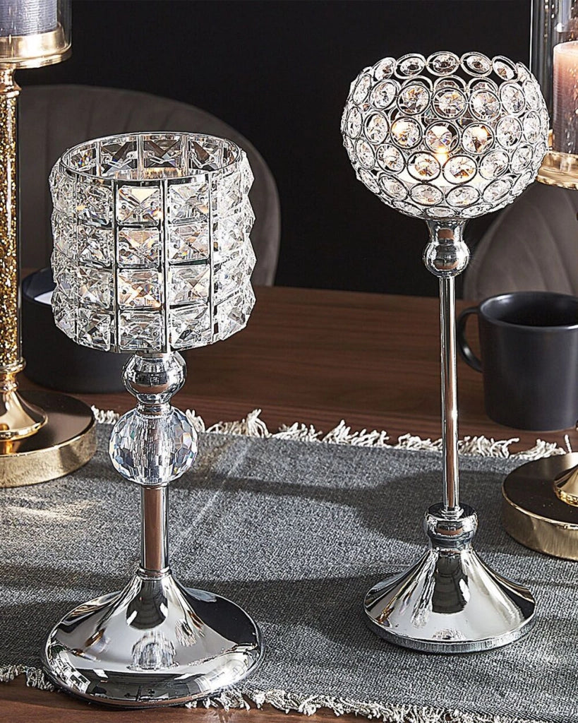 Portacandele Foglia di tè Paralume in metallo argentato a forma di ciotola con cristalli di vetro 27 cm Centrotavola decorativo glamour