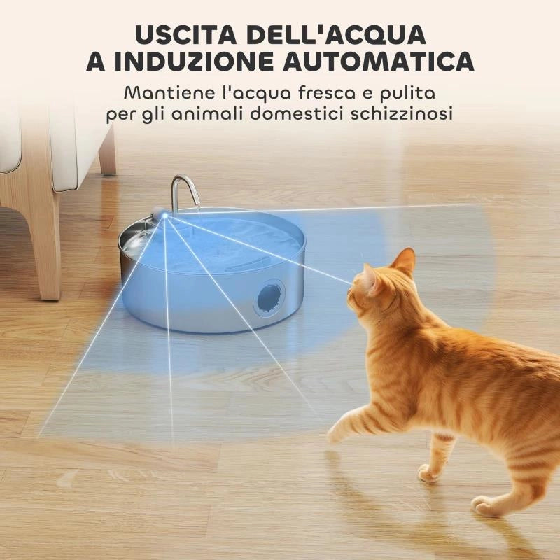 FONTANELLA PER GATTO 7L CON LUCE LED E TRIPLA FILTRAZIONE, IN ACCIAIO INOX 304, 30.5X31.2X19.3 CM, ARGENTO