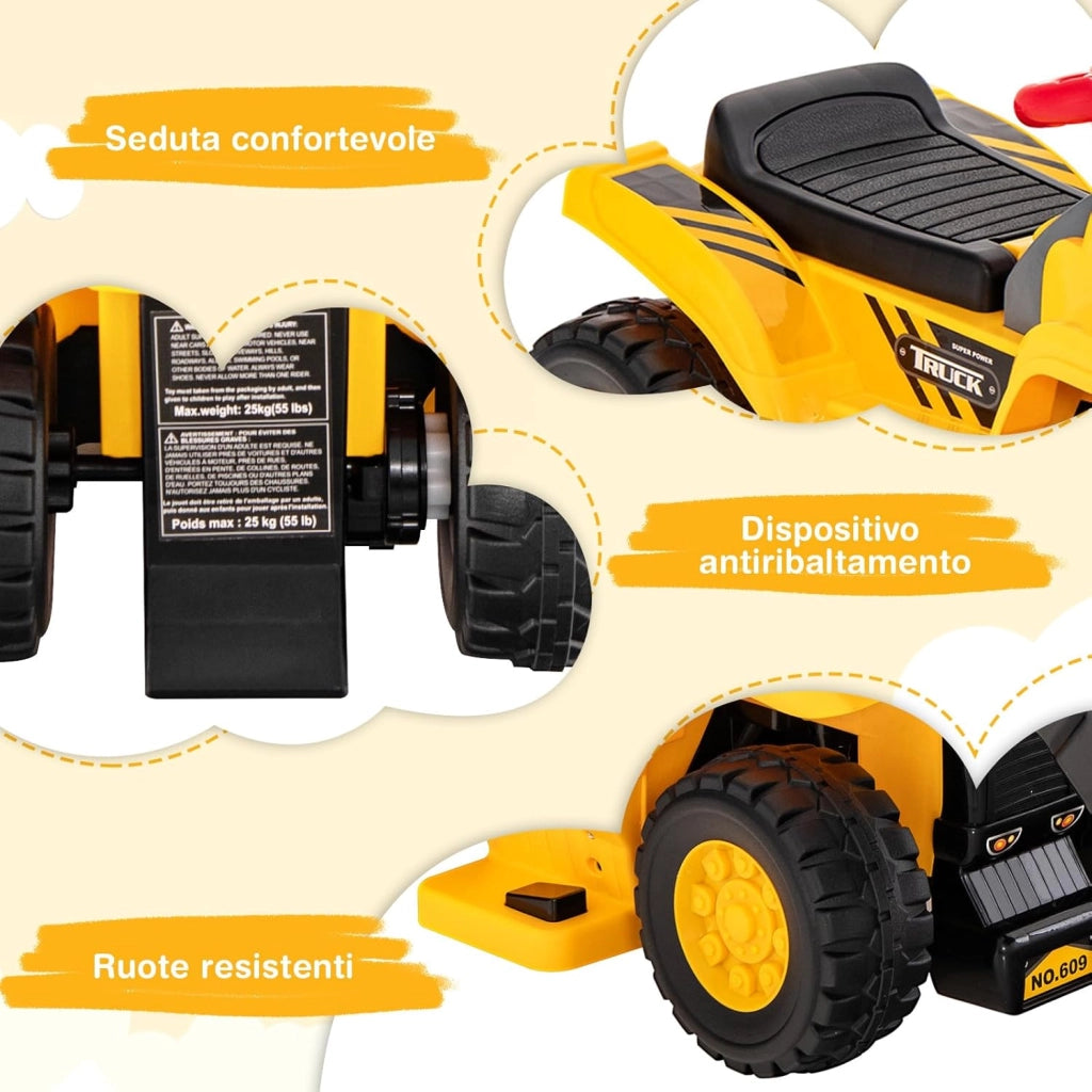 Escavatore Elettrico per Bambini, Ruspa Cavalcabile con Benna Controllabile Vano Nascosto Effetti Sonori e Canestro da Basket Pieghevole e 3 Palline, per Bambini 2 Anni+