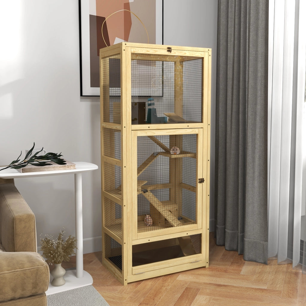 Gabbia per criceti e piccoli animali in legno a 5 livelli con scala casetta e altalena ¨C zephmum ¨C 54x38x131 cm naturale