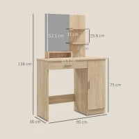 Toeletta da Camera con Armadietto, Cassetto, Specchio per Trucco e Ripiani Aperti, 90x38x138 cm, Acero