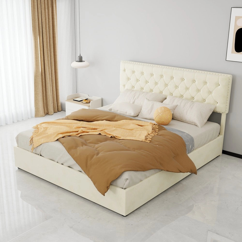 Letto Contenitore Imbottito con Materasso ¨C MINIMAL ¨C Velluto Beige 160x200
